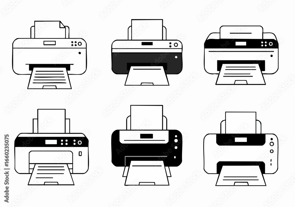 Poster collection of six monochrome printer icons for office technology, document printing, and digital out