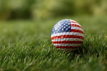America Golf - Golf Ball with Flag on Lush Green Grass Course