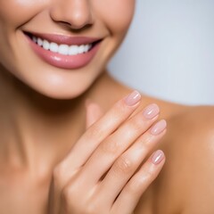 Smiling woman with perfect nails and teeth.