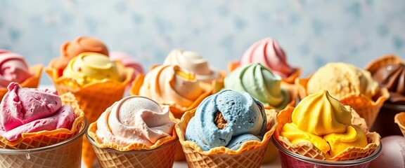 Variety of colorful ice cream scoops in waffle cones and bowls,  various flavors,  bowls