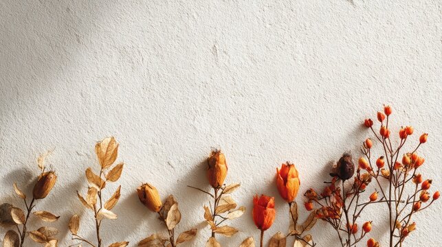 Dried flowers and leaves arranged in a row at the bottom of a textured white background, creating a delicate floral border.