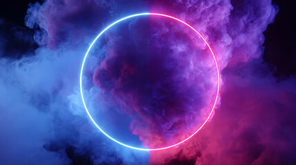 Naklejka premium Vibrant neon oval ring illuminates through swirling blue and pink smoke clouds