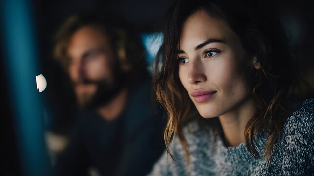 Coworkers collaborating on a complex task in a modern office setting