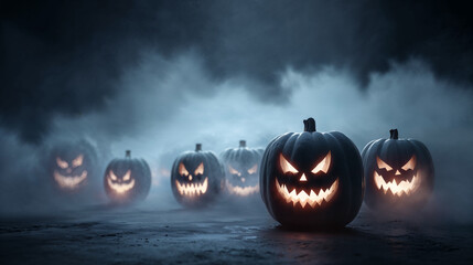 Creative Halloween jack-o'-lanterns glowing in misty atmosphere