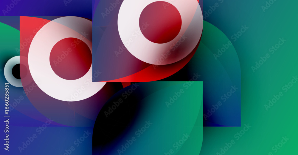 Poster abstract composition. overlapping circles, squares, vibrant colors create dynamic visual experience.