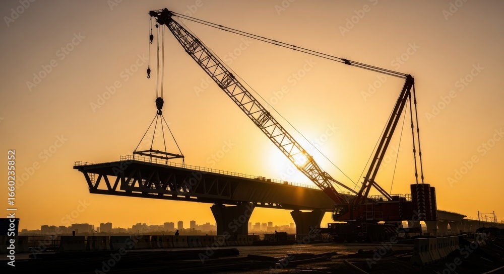 Poster sunset backdrop featuring a silhouetted crane lifting a highspeed rail viaduct segment illuminating 