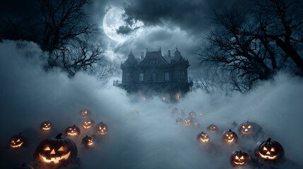Haunted mansion with glowing pumpkins on Halloween night