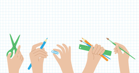 Hands with stationery. Vector banner with space for text for stationery store or hobby shop