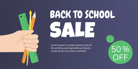 Dark blue Banner with Back to school Sale message. Vector hand with stationery