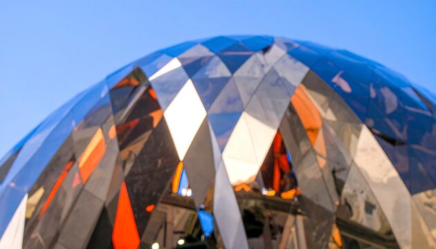A modern, multifaceted geodesic dome structure, showcasing a blend of colorful, translucent panels against a clear sky.