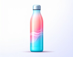 A vibrant, colorful water bottle, featuring a gradient design with hues of pink and turquoise, and a graphic of stylized waves.