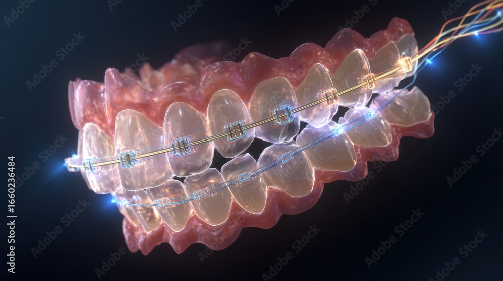 Aufkleber invisible braces aligner applying on teeth, simulating the movement and showing the root, a medical 