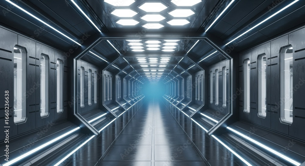 Poster futuristic corridor with light panels and hexagonal patterns, technology concept