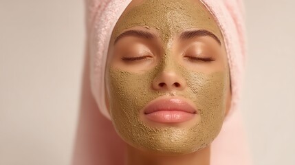 Woman relaxing with facial mask and towel