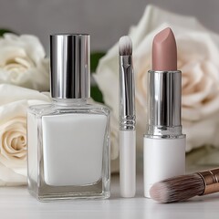 Elegant makeup set with roses and brushes.