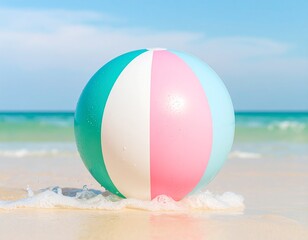 Obraz premium A vibrant beach ball sits at the water's edge, showcasing pastel hues of teal, pink, and white, against a serene, azure sea.