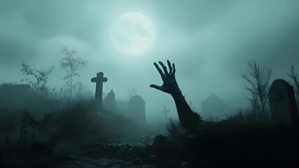 Halloween holiday decoration theme. A horrorthemed digital artwork depicting a haunting graveyard scene with a hand reaching out from the ground, set against a misty backdrop.