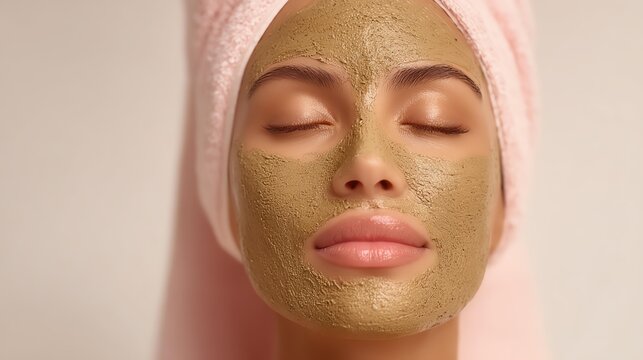 Woman relaxing with facial mask and towel
