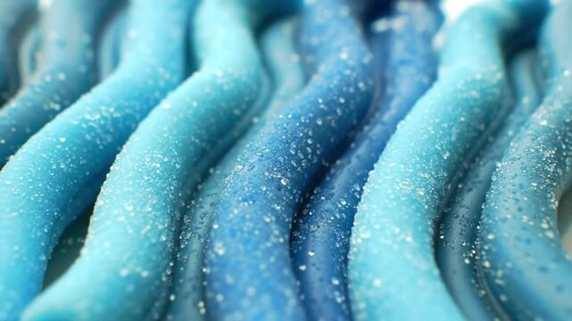 Macro Close-up of Wavy Blue and Light Blue Candy Ropes Coated in Sparkling Sugar Crystals Abstract Sweet Confectionery Texture Background
