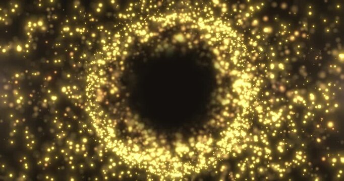 Abstract round sphere of shiny golden particles of magic glitter glow on dark background, energy ball of bright dots, spherical ball movement. Seamless looped video 4K.