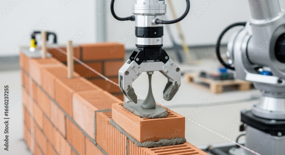 Poster smoothmotion capture of a robotic arm combining bricks with cement demonstrating precision and robot