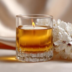 Glass candle with soft flowers and glow.