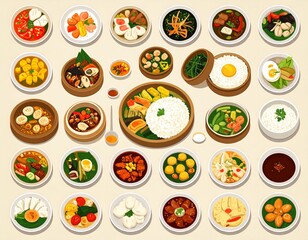 Colorful assortment of diverse Asian dishes displayed in a variety of bowls and plates, showcasing a range of textures and colors.