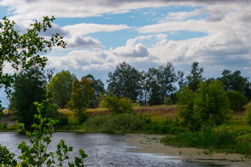 summer fantasy landscape with river and colorful clouds