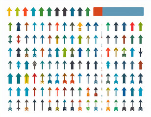 Colorful collection of various arrow shapes arranged in rows on a plain background.