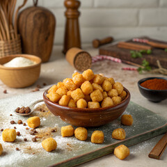 A bowl of golden fried gnocchi sits on a table with spices and flour scattered around