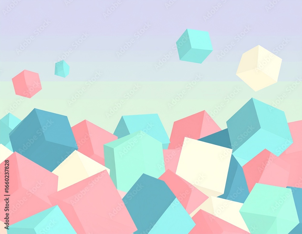 Poster abstract graphic design with many pastel-colored cubes in a three-dimensional arrangement against a 