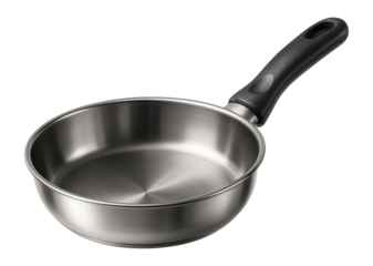 Metallic cooking pan with black plastic handle.