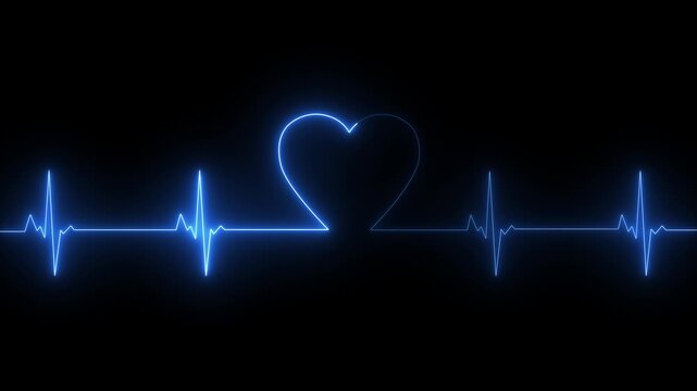 blue color neon glowing light heartbeat display screen. Abstract neon heartbeat signal icon animation dark background. abstract neon animation love heartbeat. Neon Heartbeat Pulse Graphic concept.
