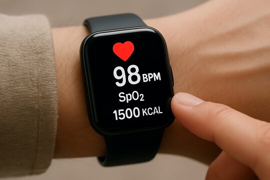 Person wearing a smartwatch displaying heart rate and other health metrics on screen