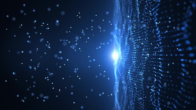 Abstract futuristic digital wave background with shiny particles, slow moving glowing particles on blue background, wave energy data flow, cyber technology, seamless loop animation 4K