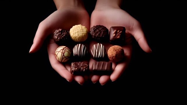 A closeup image of a persons hands holding assorted chocolates against a dark background.