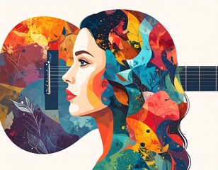 A vibrant portrait of a woman, her profile framed by a colourful acoustic guitar adorned with leaves and floral patterns.