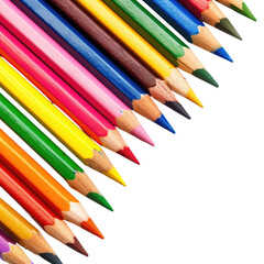Fototapeta premium and keyword list for the image.. Colorful Pencils Arranged Diagonally - Close-up Studio Shot on Plain Background