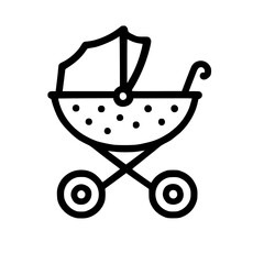 Baby stroller icon in black line graphic, isolated