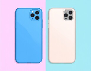 Vector mockup of plain smartphone case, front and back view, isolated on pastel gradient background, clean and stylish accessory template.