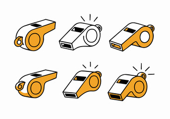Set of cartoon isometric whistles, some blowing with sound lines, in orange and white outline style for sports and events.
