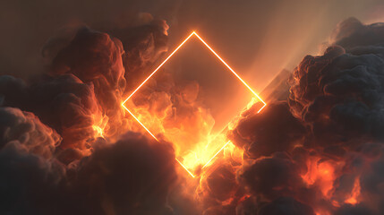 Mysterious neon diamond portal surrounded by fiery embers and silhouetted figures in a dark ethereal landscape