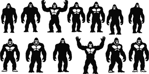 PrintGorilla silhouette poses collection for animation, game characters, ape evolution vector set, muscular beast illustrations for concept design © Frd Art