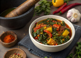 Vegetable stew with spinach, tomatoes, peppers, and spices in a white bowl