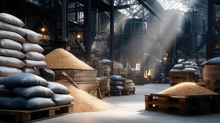 Bright light fills a warehouse packed with sacks of grain and wooden pallets, highlighting typical storage activity