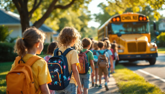 Schoolchildren waiting for yellow bus on sunny sidewalk