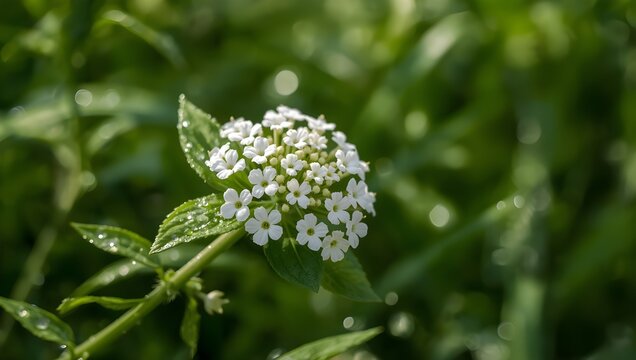 close-up of delicate white thumba flowers (Ceylon slitwort) blooming in a lush green field. The tiny blossoms are clustered together, with their soft petals glowing in natural daylight