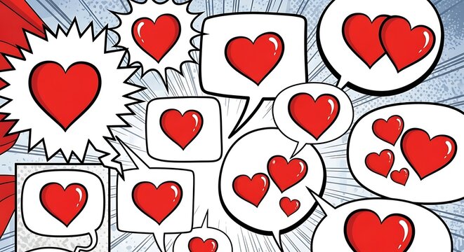 Pop Art Comic Speech Bubbles Filled with Red Love Hearts.