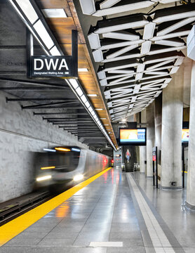 Train arriving at subway station