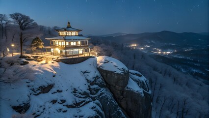 Night drone view of Buddha temple on snowy rock, glowing architecture, serene spiritual mountain landscape